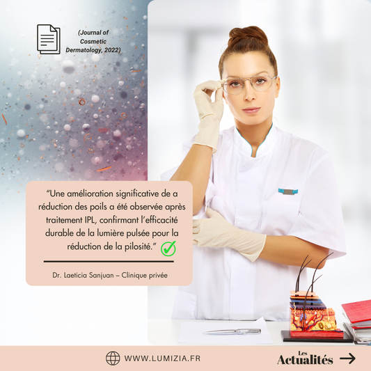 Dermatologue en blouse blanche présentant une étude clinique confirmant l’efficacité de la lumière pulsée IPL pour la réduction durable de la pilosité.