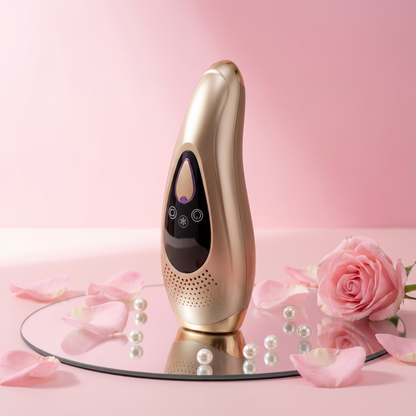 Épilateur à lumière pulsée Lumizia posé sur un support miroir, entouré de pétales de roses, illustrant une épilation douce et élégante à domicile.